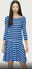 Ralph Lauren Black Label 100% Silk Knit Drop Waist Stripe Dress, Blue - Size M