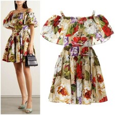 🆓US🛃 Dolce&Gabbana Cold Shoulder Floral Printed Cotton Poplin Dress IT 40