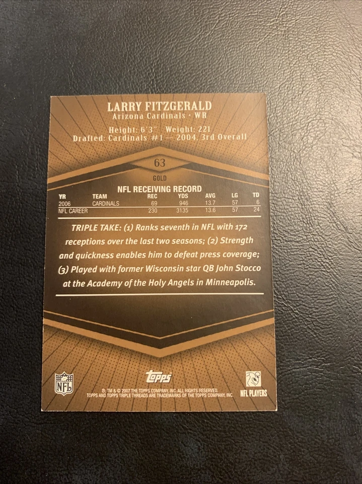 BFF 2007 Topps Triple threads /99 Gold #63 Larry Fitzgerald Arizona Cardinals - Image 3 of 3