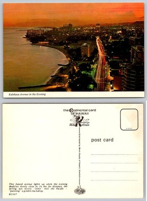 Kalakaua Avenue Evening Postcard Hawaii Honolulu City Lights Beach Chrome