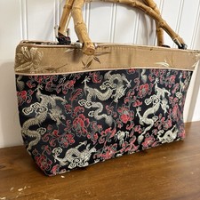 Vtg Asian Dragon Print Purse Bamboo Handles Brocade Floral Satin Rectangle