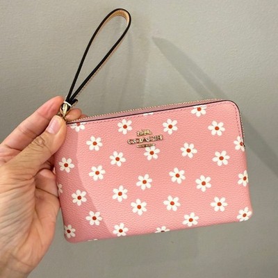 Coach Corner Zip Wristlet With Floral Print CEX39 Gold/Pink Multi