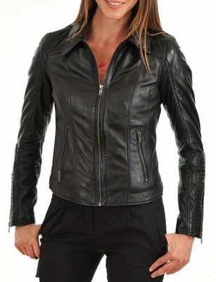 Damen Echt Lammleder Echtleder Motorrad Biker Jacke Hemd Kragen Mantel