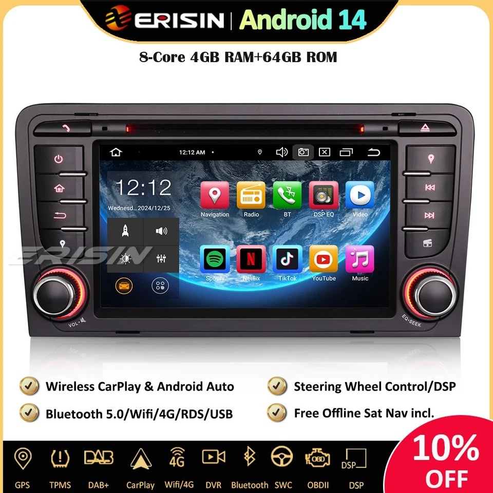 64GO Android 14 Autoradio GPS CarPlay DAB+Wifi DSP CD For AUDI A3 S3 RS3 RNSE-PU - Photo 1/4