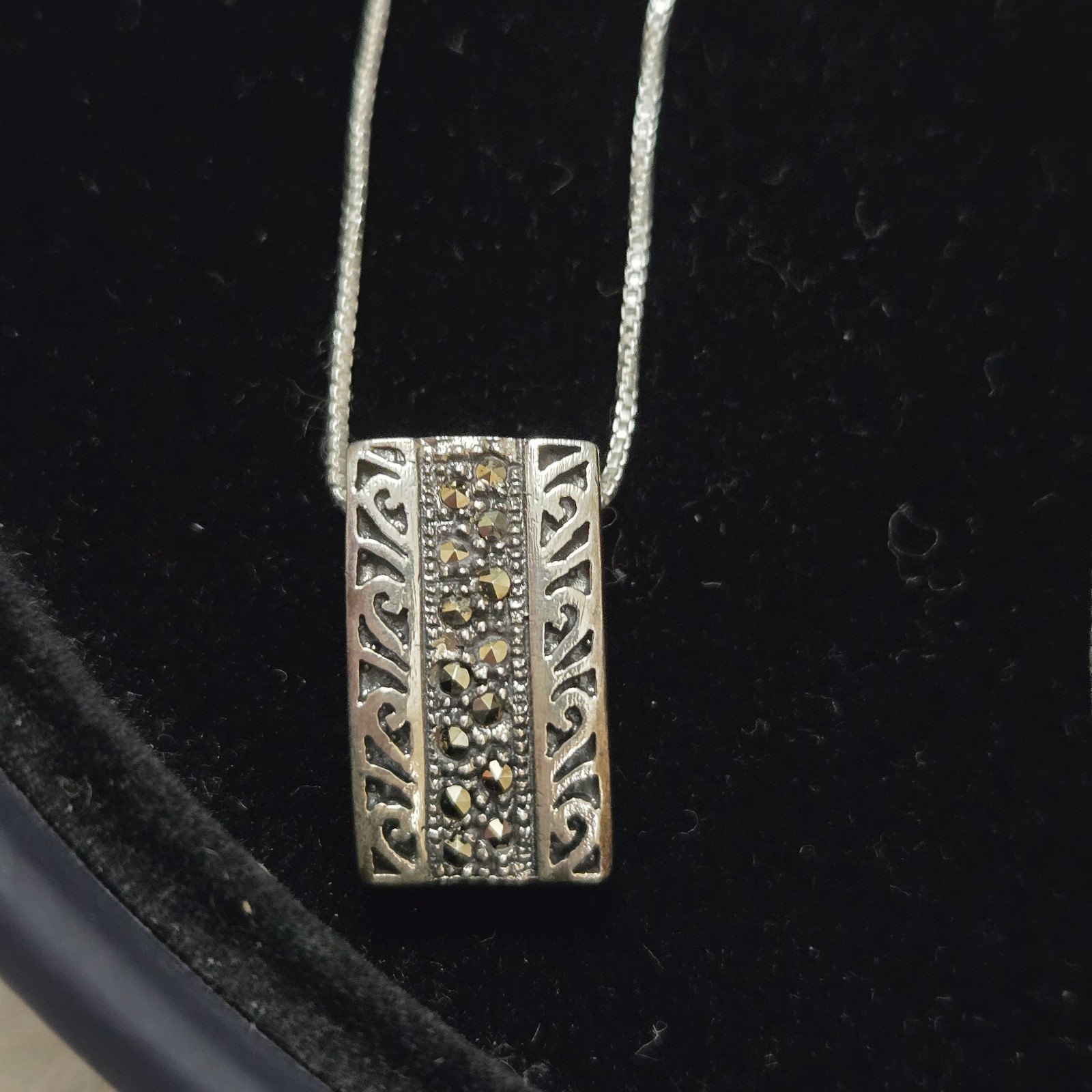 Vintage Marcasite Rectangular Pendant Sterling Si… - image 1