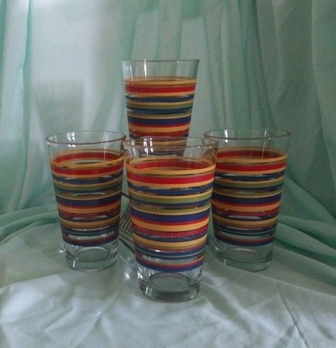 Set Of 4 Vintage Libbey "Mambo" Fiesta Striped 16 oz. Beverage Glasses