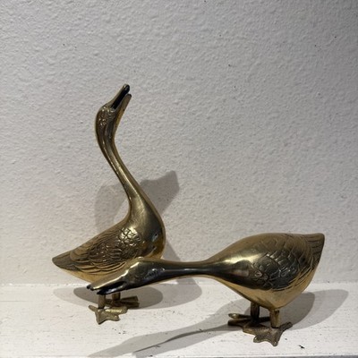 2 Vintage Solid  Brass Ducks Geese 9'' & 3'' tall