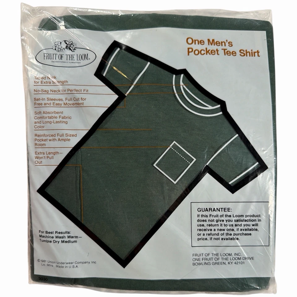 Camiseta De Colección Años 70 80 Fruta del Telar Bolsillo Para Hombre Grande Verde Nueva de Lote Antiguo Sellada Foto 3 de 3