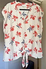 Studio B Women’s 2XL Silky Floral Button-Up Blouse Ruffle Tie Front Shirt