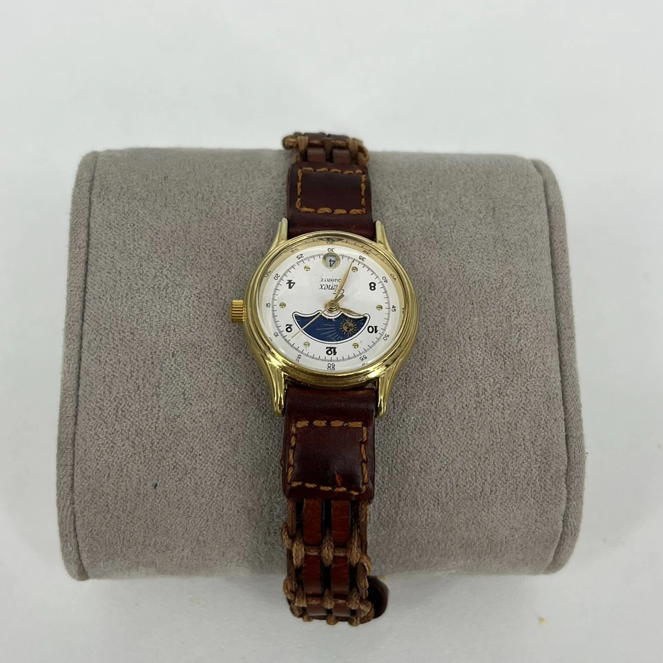 Vtg Timex Moon Phase Watch Women 24mm Gold Tone Date Leather 1994 - image 4 of 4