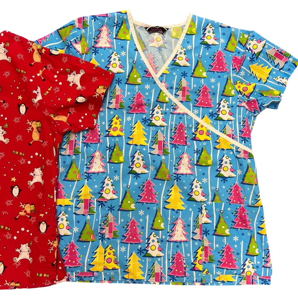 Womens Christmas Scrub Top Set of 2 Medium Red Reindeer Pastel Christmas Trees - Image 3 of 4
