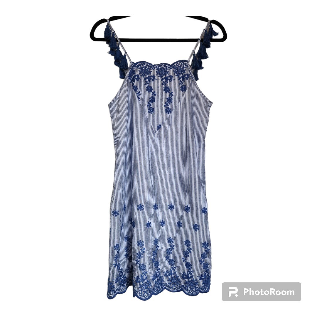 Very J Striped Eyelet Embroidered Mini Shift Dress Light Denim Tassel Strap  Sz S | eBay