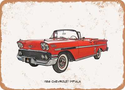 Classic Car Art - 1958 Chevrolet Impala Pencil Sketch - Rusty Look Metal Sign 3