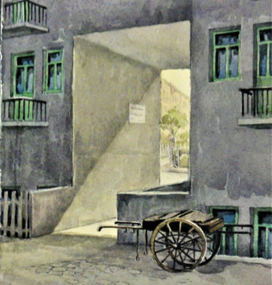 Unsigniert, aber  TOP Aquarell ~ 1935: HANDKARREN AM MIETSHAUS EINER GROßSTADT