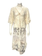 CCC Sheer Ivory Floral Embroidered Long Kimono Cardigan Cover Up Poncho Shawl OS
