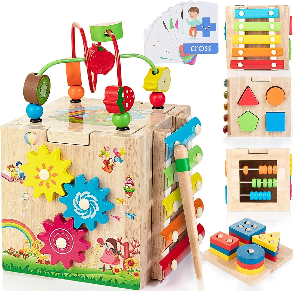 Wooden Activity Cube 8 in 1 Montessori Toys for 12M Toddlers One Year Old