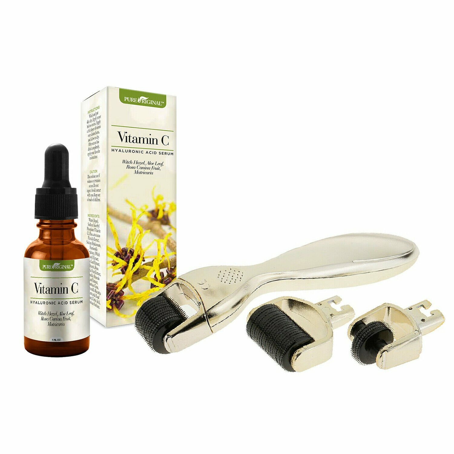 Microneedle Derma Roller 3 in 1 Gold Set & Vitamin C Serum w/ Hyaluronic Acid