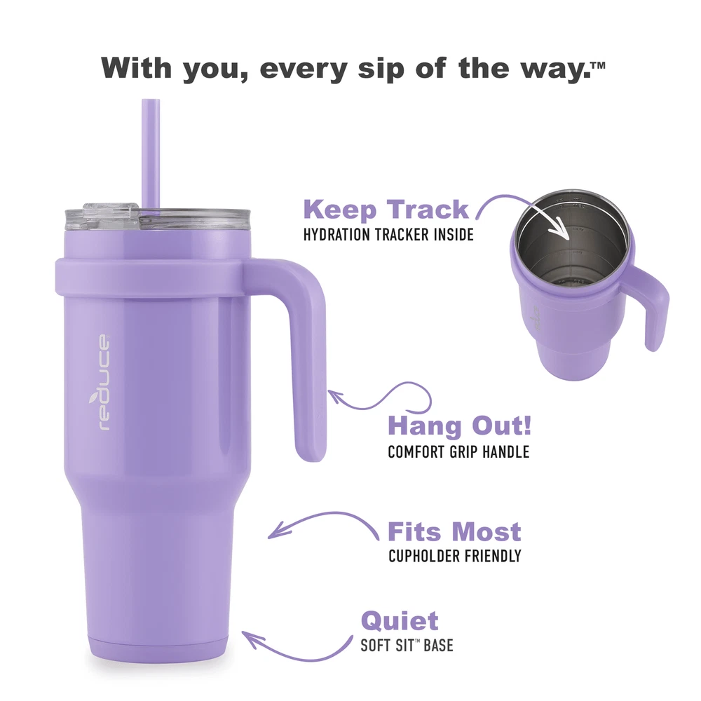 Tumbler - Straw, Lid & Handle. Insulated Stainless Steel 40oz, Wisteria