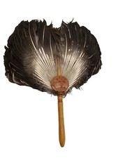 Vintage Antique Fixed Feather Concave Hand Fan with Hand-carved Wooden Handle