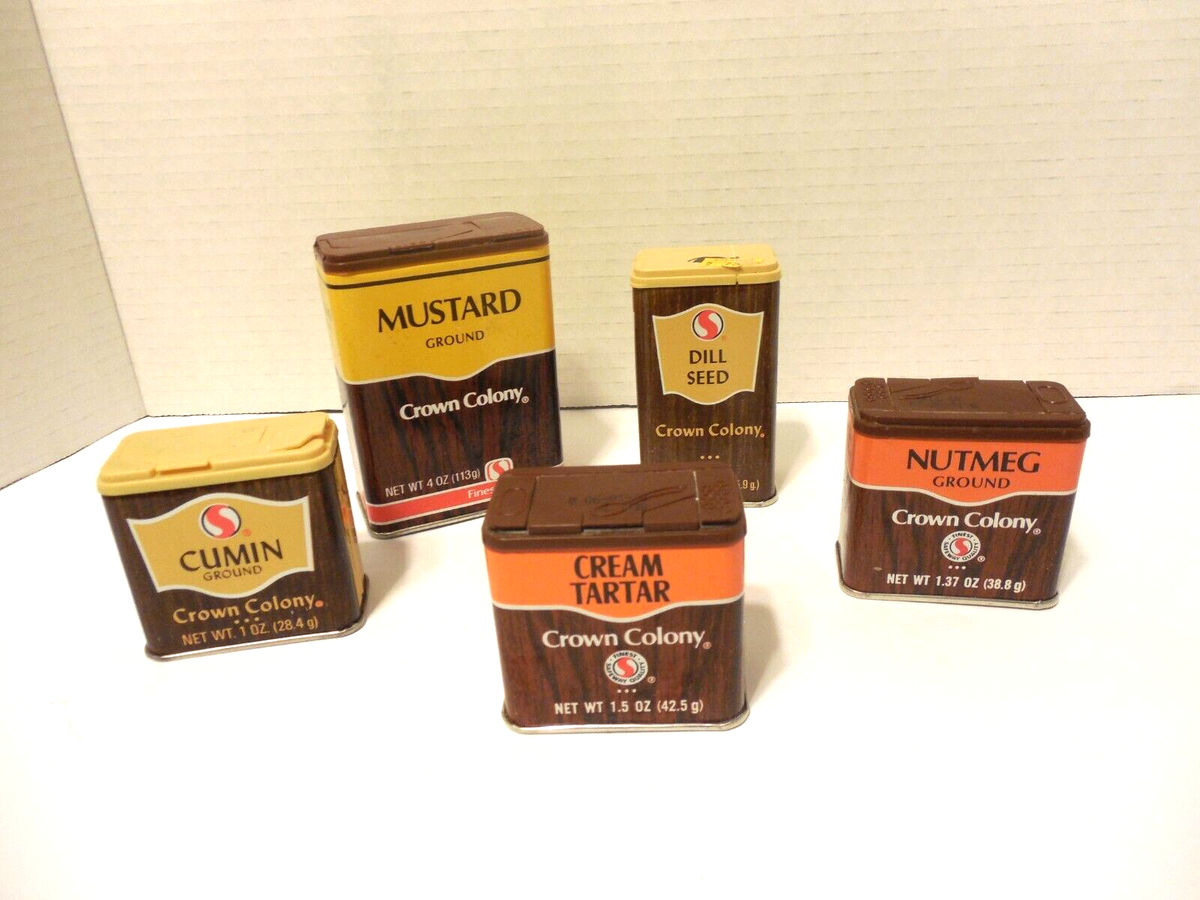 Vintage 5 dif Crown Colony Spice Tins Safeway mustard Nutmeg Dill