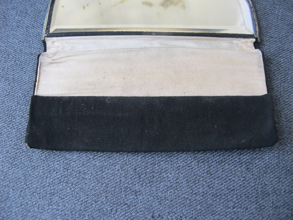 Antique brass rim black fabric beveled mirror comb holder for purse eBay