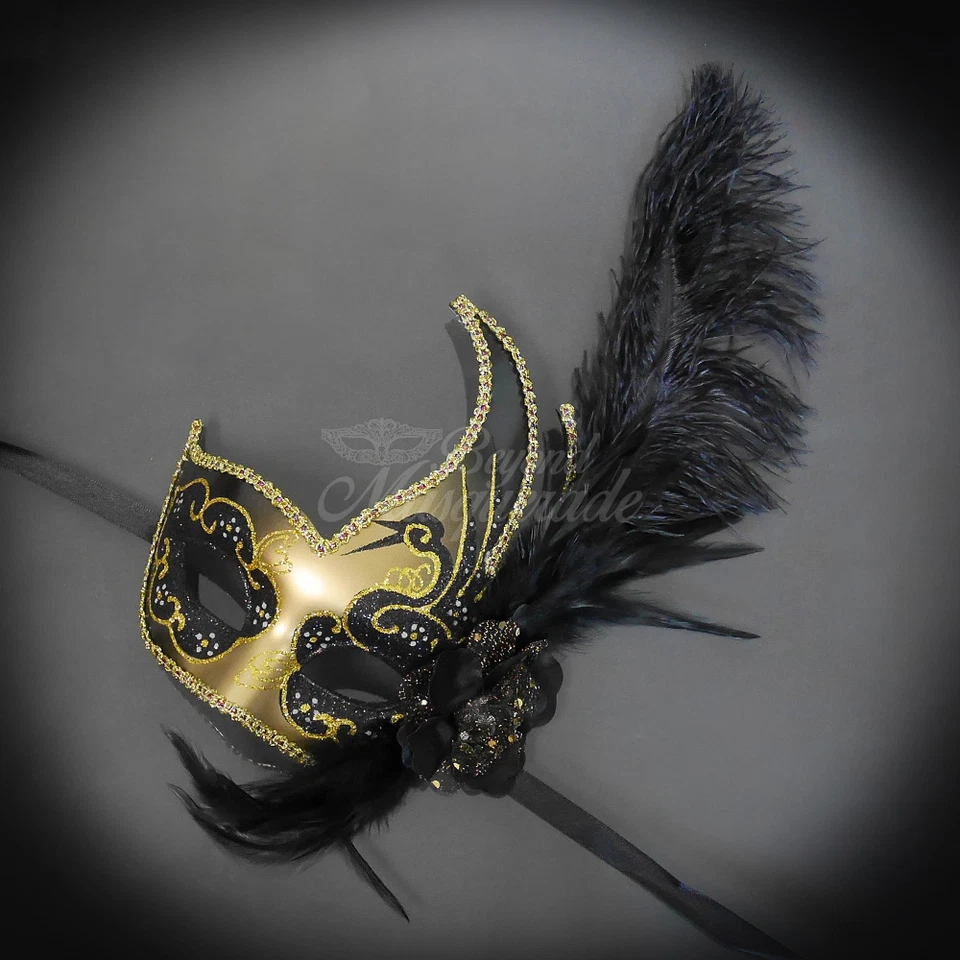 Feather Venetian Mardi Gras Masquerade Mask for Women Gold Black M6131 - Image 4 of 4