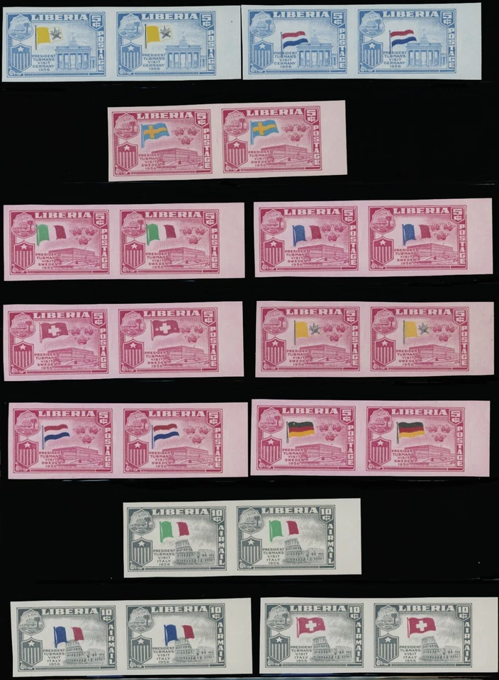 1958 LIBERIA PRESIDENT'S VISITS 42 IMPERF PAIRS W/WRONG FLAGS SC#368-70, C114-17 - Image 2 of 4