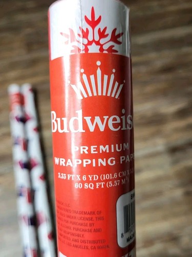3 Rolls Budweiser Beer Wrapping Paper Christmas Holiday 60 Sq Ft NEW Red White - Picture 7 of 8