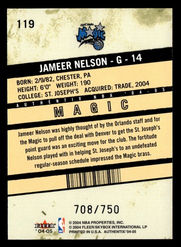 2004-05 Fleer Authentix #119 Jameer Nelson SN,RC #/750 - Picture 2 of 2