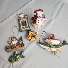Rustic Christmas Lot of 5 Ornaments Santa Snowman Folk Art Resin Wood Style