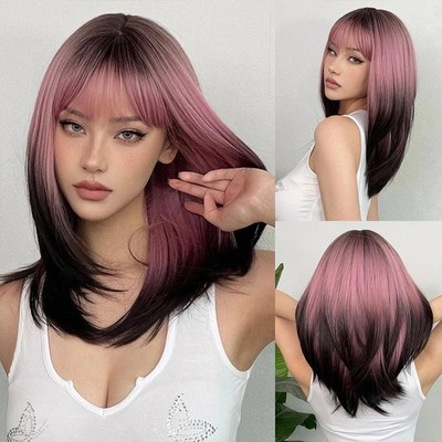 HENRY MARGU Blonde Layered Synthetic Wigs with Bangs Long Straight Wig for White