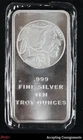 10 Troy ounces .999 Fine Silver Indian Head Buffalo Bar