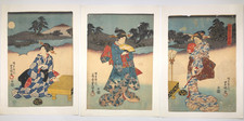 Toyokuni Woodblock print Triptych：Elegant Moon, Snow & Flowers
