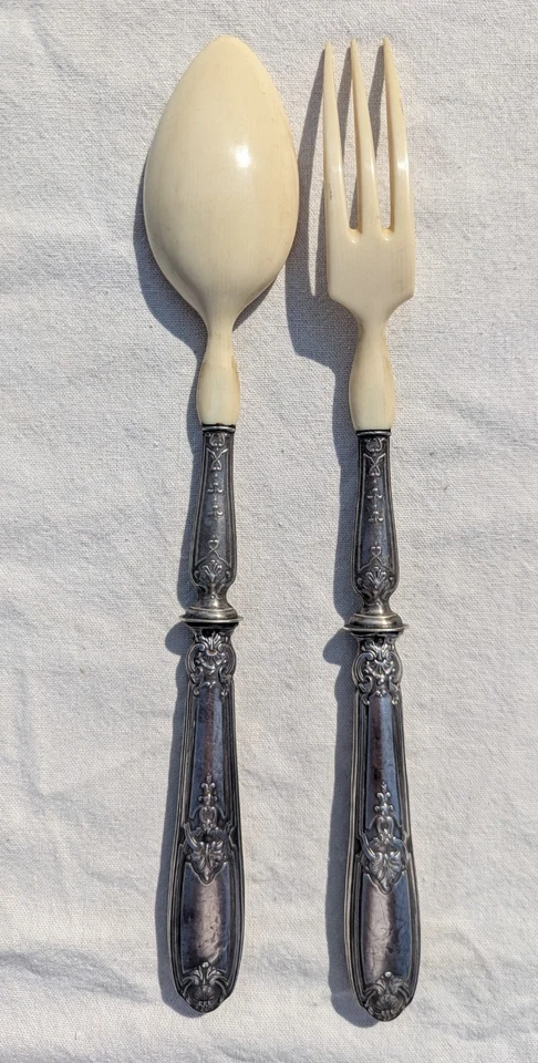 ANCIENS COUVERTS DE SERVICE À SALADE Argent Fourré Minerve - Photo 2/4