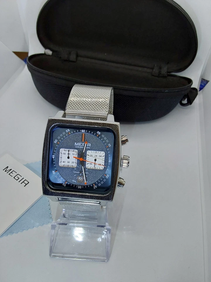 Cronógrafo Cuadrado Cuarzo Megir con Plata Acero Inoxidable Milan Mesche Azul Foto 2 de 4