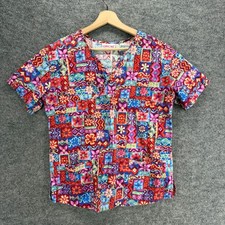 Cherokee Scrub Top Women M Medium Red Floral V-Neck Short Sleeve Pockets Work