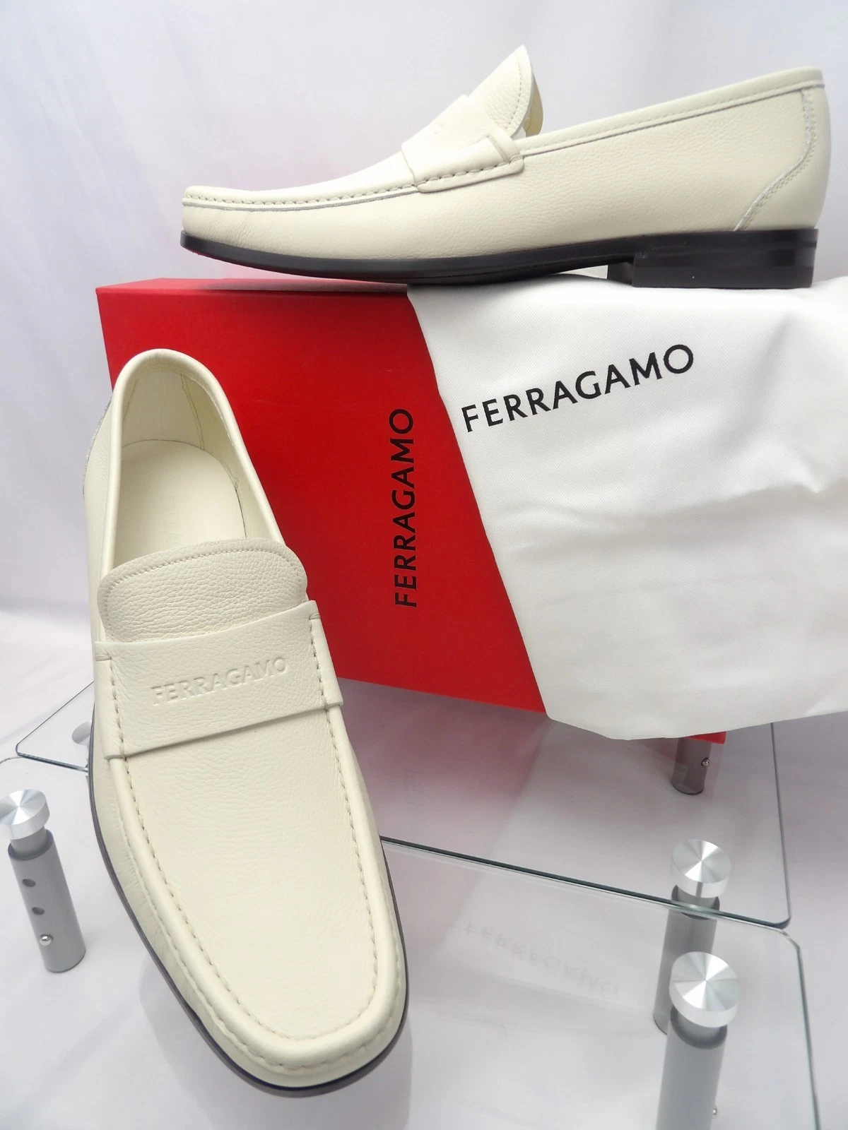 Ferragamo — NIB FERRAGAMO DUPONT OFF WHITE LEATHER LOGO PENNY LOAFERS 9.5 EE ITALY