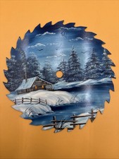 Vtg Artist Signed HandPainted Lg Circular Saw Blade 9.5  Winter Cabin Landscape
