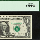1974 $1 Federal Reserve Note PCGS 65PPQ - Fancy Radar Serial Number 09999990