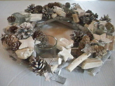 Adventskranz Shabby Holz Glas Durchmesser ca. 38 cm    Mit Teelichtgläsern  - Bild 1 von 4