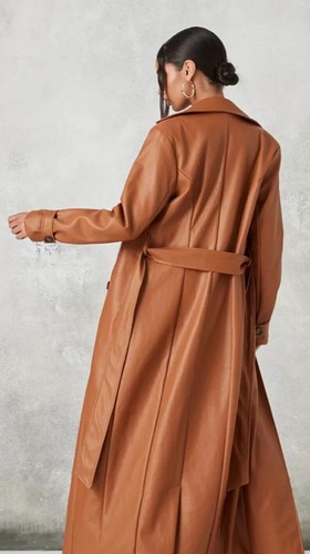 Halloween Stylish Party Formal Women's Brown Real Lambskin Leather Trench Coat - Picture 3 of 5