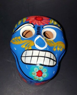 Mexican Day of the Dead Blue Floral Sugar Skull Talavera Jewelry Trinket Box