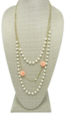 New Retro Simulated Pearl  Peach Roses on Gold Chain Necklace N2598