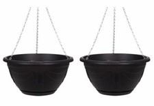 2 Black Round Venetian Hanging Basket 32cm Flower Planter Plastic Basket & Chain