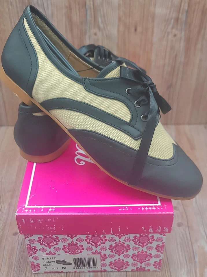 Wanted Negro y Tostado Espectador Oxford Plano Dos Tonos Cinta Cortada Cuero Lona Foto 4 de 4