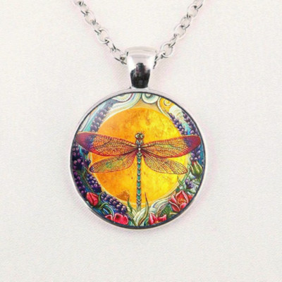 DRAGONFLY SUN INSECT YELLOW pendant 22'' Sterling Silver 925 necklace mom female 