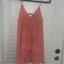 BETSEY JOHNSON INTIMATES Sheer Coral Tierred Ruffled Front Slip Babydoll Sz S