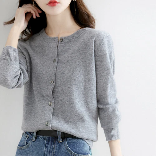 Women's Cashmere Blend Sweater Solid Color Crew Neck Button Cardigan Jacket Coat - Bild 13 von 23