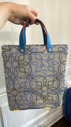 HERMES Petite Ash Toile H Serie Tote Bag Handbag Silk Grey Blue Authentic Chaine
