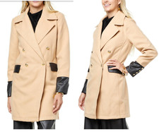 New H Halston Double-breasted Coat & Leather Detail Camel Tan Plus Sz 3x